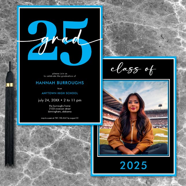 Moderne Minimal Blue Script Graduation Party Einladung (Modern Minimal Blue Script Graduation Party Invitation)