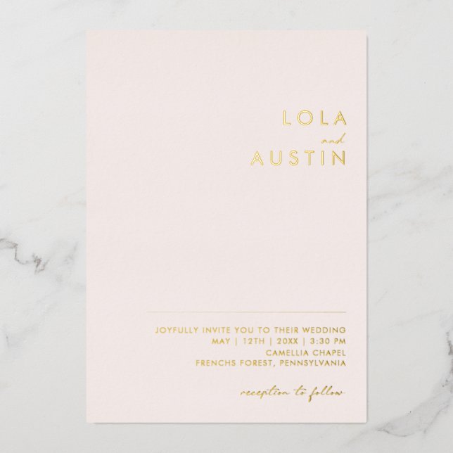 Moderne Minimal Blush und Lässige Hochzeit Folieneinladung (Vorderseite)