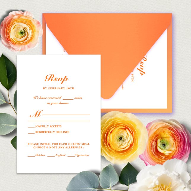Moderne Minimal Bright Orange Hochzeitsmahlzeit RSVP Karte (Von Creator hochgeladen)