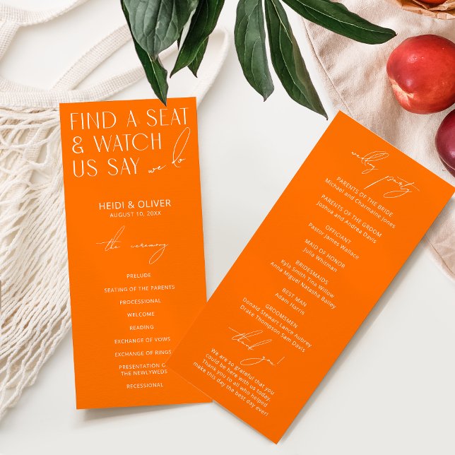 Moderne Minimal Bright Orange Hochzeitsprogramme (Von Creator hochgeladen)