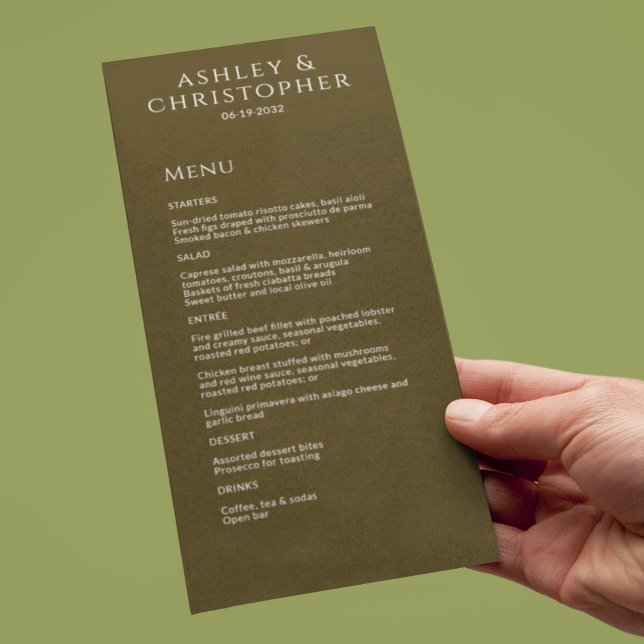 Moderne Minimal-Bronze-Hochzeitsempfehlung Menükarte (Von Creator hochgeladen)
