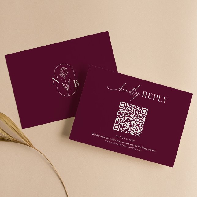 Moderne Minimal Burgund Boho Hochzeits-QR-Code RSVP Karte (Von Creator hochgeladen)
