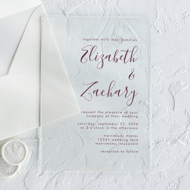Moderne Minimal Burgundy Script Wedding Acryleinladungen (Von Creator hochgeladen)