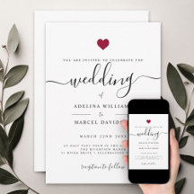 Moderne Minimal Calligrafy Red Heart Wedding
