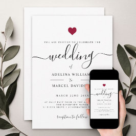 Moderne Minimal Calligrafy Red Heart Wedding Einladung