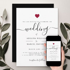 Moderne Minimal Calligrafy Red Heart Wedding Einladung