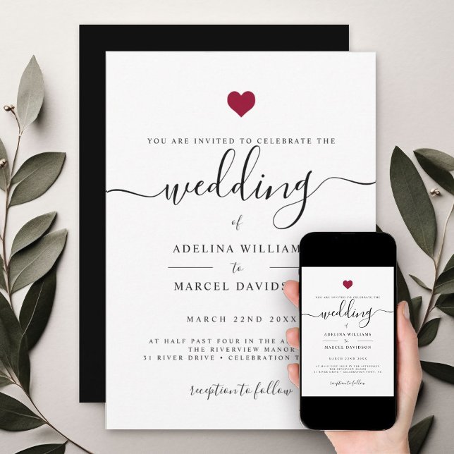 Moderne Minimal Calligrafy Red Heart Wedding Einladung (Von Creator hochgeladen)