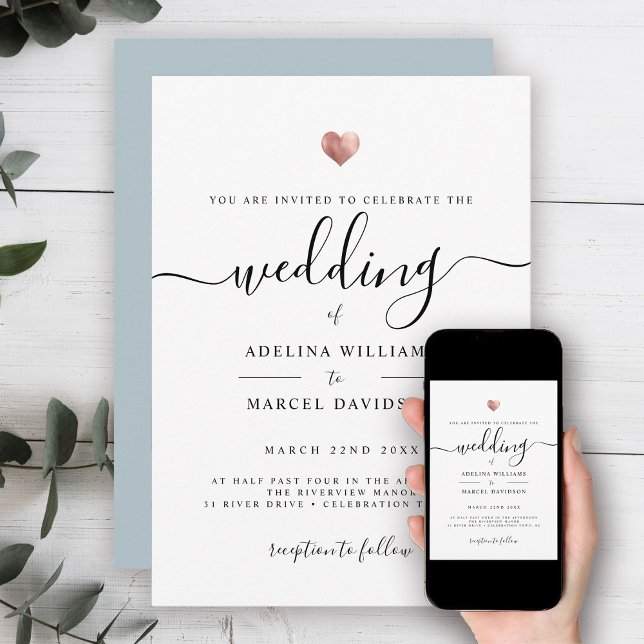 Moderne Minimal Calligrafy Rose Gold Heart Wedding Einladung (Von Creator hochgeladen)