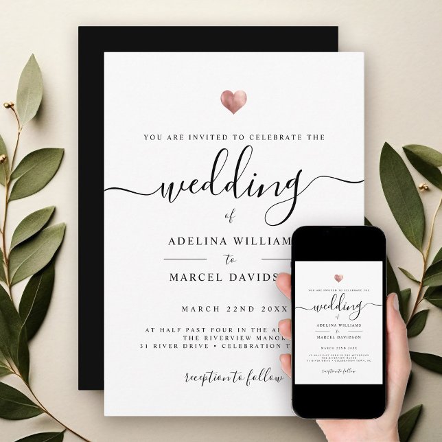 Moderne Minimal Calligrafy Rose Gold Heart Wedding Einladung (Von Creator hochgeladen)