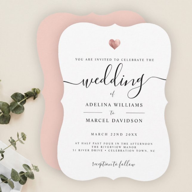 Moderne Minimal Calligrafy Rose Gold Heart Wedding Einladung (Von Creator hochgeladen)