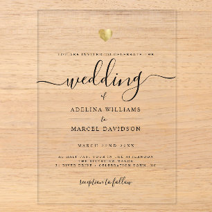 Moderne Minimal Calligraphy Gold Herz Hochzeit Acryleinladungen
