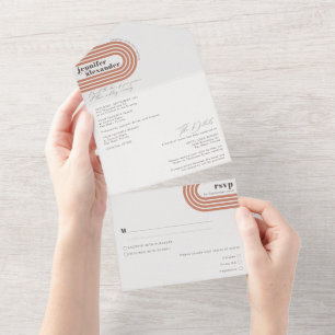 Moderne Minimal Chic Terracotta Rost Hochzeit All In One Einladung