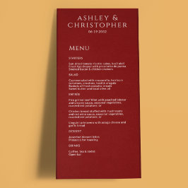 Moderne Minimal Crimson Red Wedding Rezeption Menükarte