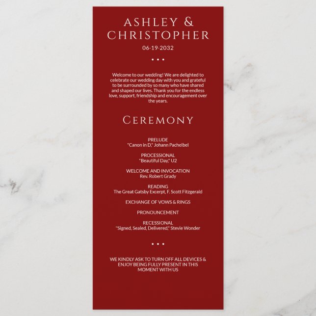 Moderne Minimal Crimson Red Wedding Zeremonie Programm (Vorderseite)