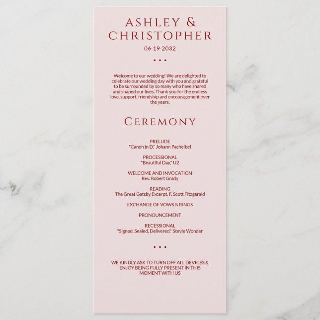 Moderne Minimal Crimson & Rose Hochzeit Programm (Vorderseite)