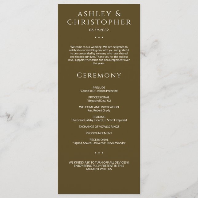 Moderne Minimal Dark Bronze Hochzeit Programm (Vorderseite)