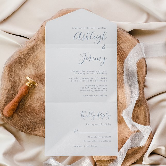 Moderne Minimal Dusty Blue Script Wedding All In One Einladung (Von Creator hochgeladen)