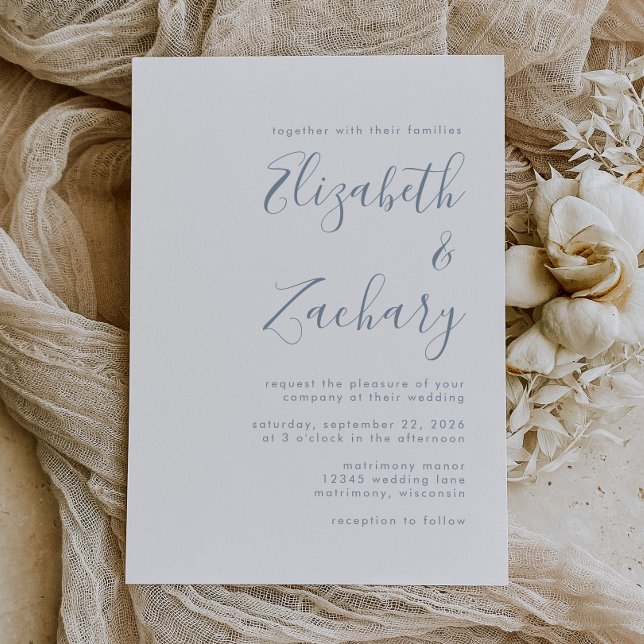 Moderne Minimal Dusty Blue Script Wedding Einladung (Von Creator hochgeladen)