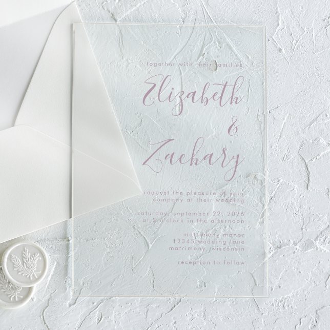 Moderne Minimal Dusty Lavender Script Wedding Acryleinladungen (Von Creator hochgeladen)
