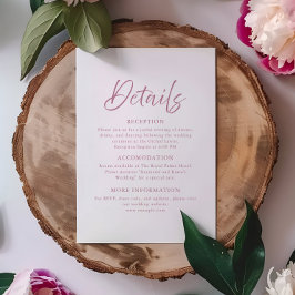 Moderne Minimal Dusty Pink Script Hochzeitsdetails Begleitkarte