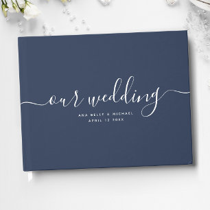 Moderne Minimal Elegante schicke blaue Hochzeit de Gästebuch