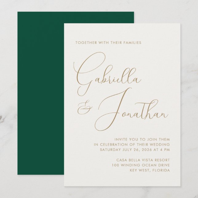 Moderne Minimal Emerald Green Cream Script Wedding Einladung (Vorne/Hinten)