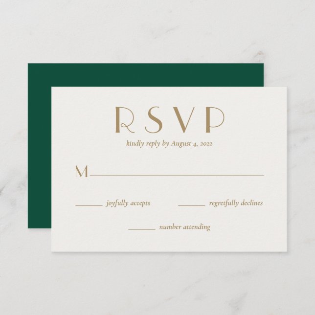 Moderne Minimal Emerald Green Gold Hochzeit RSVP Karte (Vorne/Hinten)