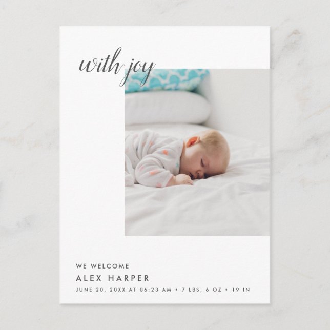 Moderne Minimal Foto Collage Birth Ankündigungspostkarte (Vorderseite)