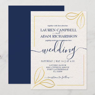 Moderne Minimal Gold Blatt und Blue txt Hochzeit Einladung
