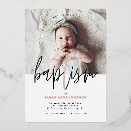 Moderne Minimal Gold Calligraphy Baby Foto Taufe Folieneinladung