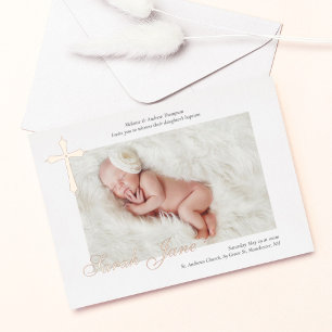 Moderne Minimal Gold Cross Baby Foto Taufe Folieneinladung