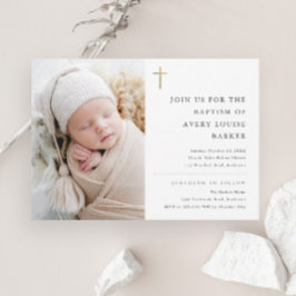 Moderne Minimal Gold Cross Foto Taufe Einladung