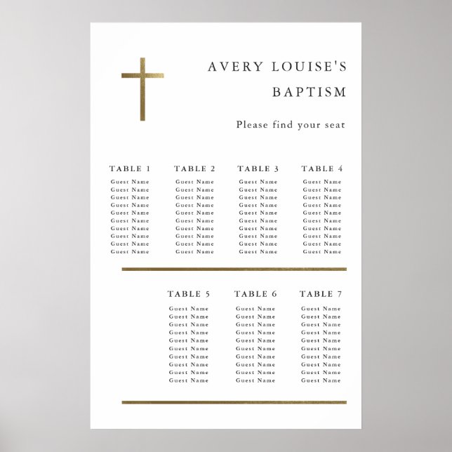 Moderne Minimal Gold Cross Taufen Seating Chart Poster (Vorne)