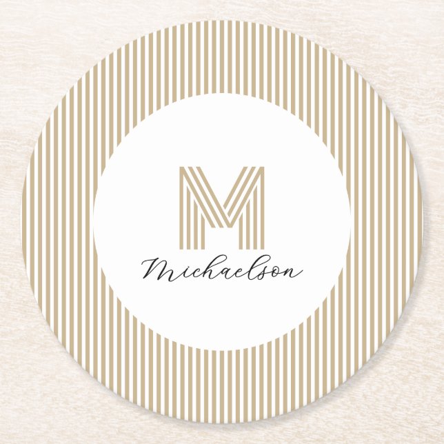 Moderne Minimal Gold Streifen Monogramm Runder Pappuntersetzer (Vorderseite)