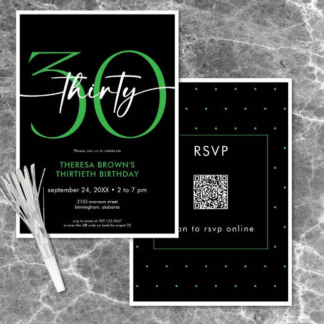 Moderne Minimal Green 30 Script Geburtstag QR Einladung (Modern Minimal Green Thirty Script Birthday QR Invitation)