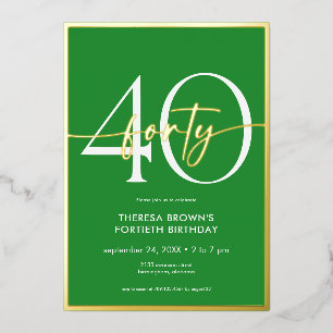 Moderne Minimal Green 40 Script Geburtstag Folieneinladung