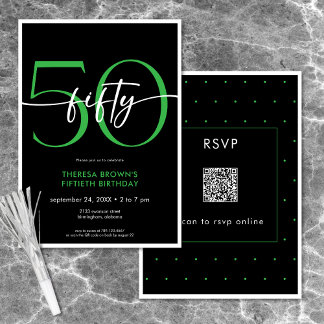 Moderne Minimal Green 50 Script Geburtstag QR Einladung
