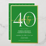 Moderne Minimal Green Gold Script Geburtstag Folieneinladung<br><div class="desc">Die moderne und schicke Einladung zum Geburtstag verbindet klassisches Grün und Weiß mit Akzenten echter Goldfolie. Es ist minimales Design ist ein einfaches und lustiges Design,  um den Meilenstein Geburtstag zu feiern. Diese Version der Karte hat einen skurrilen kleinen Polka-Punkt zurück. Erstellt von der einfachen Farmhouse Press.</div>