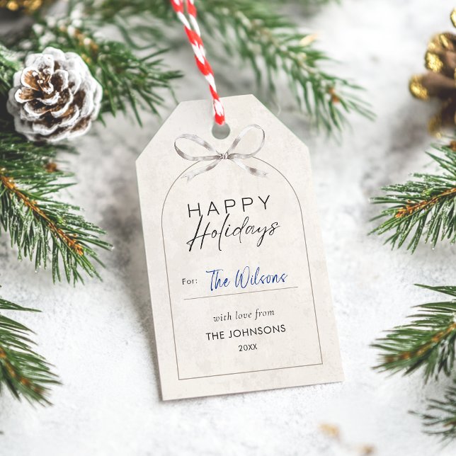 Moderne Minimal Happy Holidays Boho Arch Bow Famil Geschenkanhänger (Elegant neutral Happy Holidays gift tag with bow and arch, plus space to write your recipient name. )