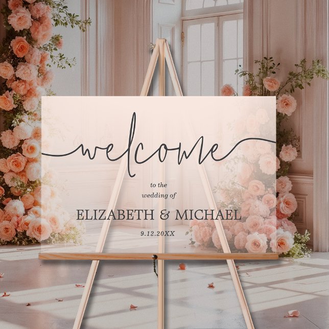 Moderne Minimal-Hochzeit Willkommen Transparentes  Acrylschild (Modern minimal wedding welcome transparent pink acrylic sign)