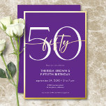 Moderne Minimal Lila 50 Script Geburtstag Folieneinladung<br><div class="desc">Dieses moderne und schicke Geburtstagsfest verbindet klassisches lila und Weiß mit Akzenten echter Goldfolie. Es ist minimales Design ist ein einfaches und lustiges Design,  um den Meilenstein Geburtstag zu feiern. Erstellt von der einfachen Farmhouse Press.</div>