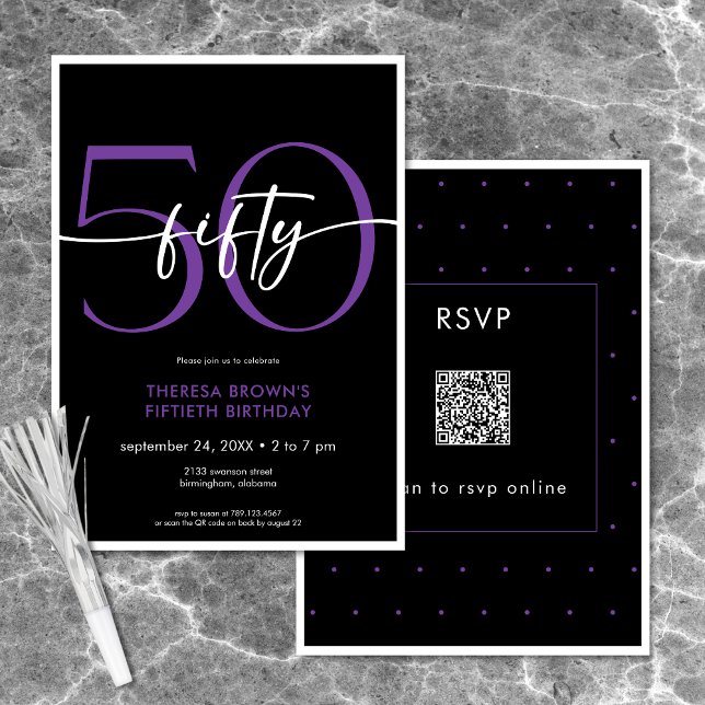 Moderne Minimal Lila 50 Script Geburtstag QR Einladung (Modern Minimal Purple Fifty Script Birthday QR Invitation)