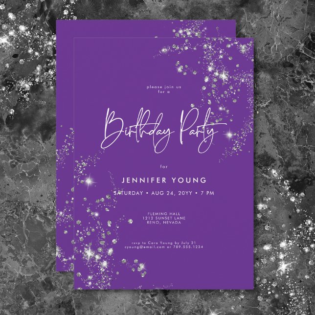 Moderne Minimal Lila weiße Glam Diamanten Geburtst Einladung (Modern Minimal Purple White Glam Diamonds Birthday Invitation)