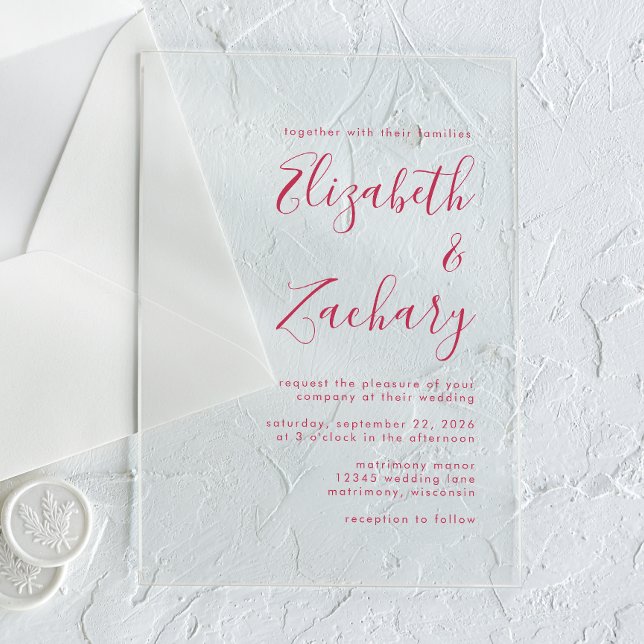 Moderne Minimal Magenta Script Hochzeit Acryleinladungen (Von Creator hochgeladen)