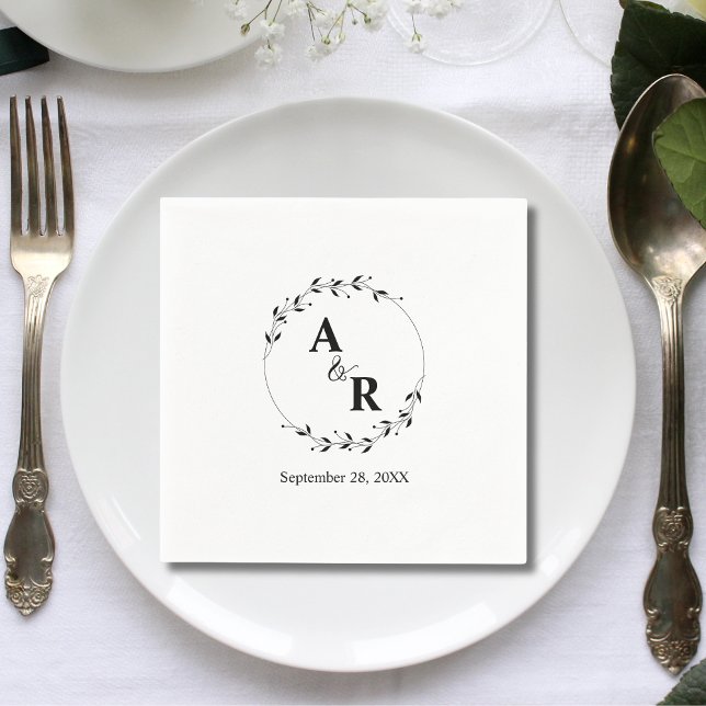 Moderne Minimal maßgeschneiderte Rustikal Leaf Hoc Serviette (Modern minimal rustic leaf custom initials napkins add natural charm to your wedding table)
