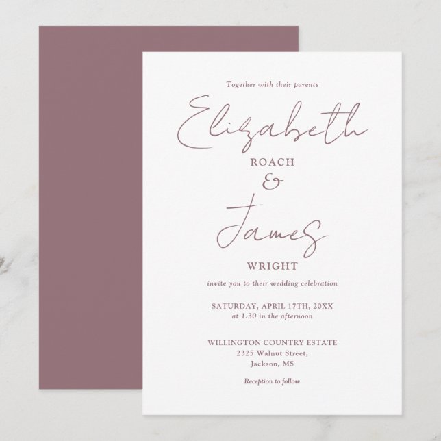 moderne Minimal Mauve Elegante Script Wedding Einladung (Vorne/Hinten)