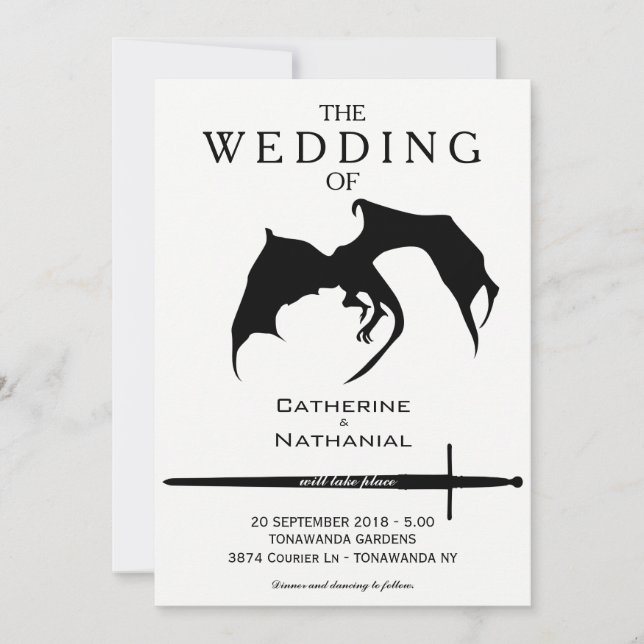 Moderne Minimal mittelalterliche Drache Hochzeit E Einladung (Vorderseite)