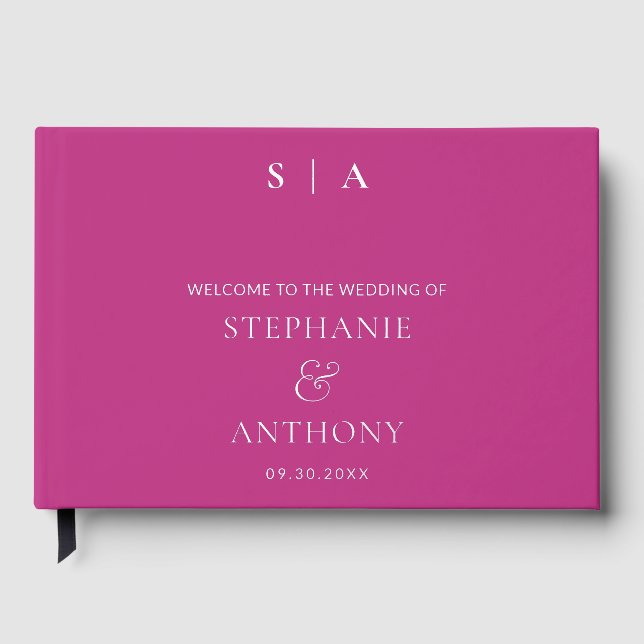 Moderne Minimal Mongram Magenta Foil Wedding Gästebuch (Vorderseite)