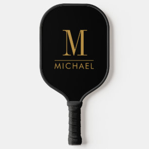 Moderne Minimal Monogram Gold Name Custom Black Pickleball Schläger