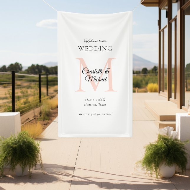 Moderne Minimal Monogram Wedding Willkommen Banner (Modern, Minimal, Monogram, Luxury, White-Brown, Wedding Welcome Banner.)